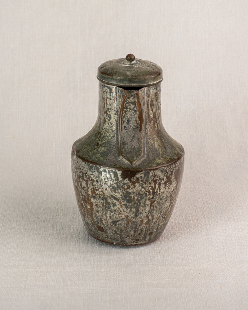 Antique French copper coquemar pitcher by Allez Frères with patina, rounded base, and hinged lid.