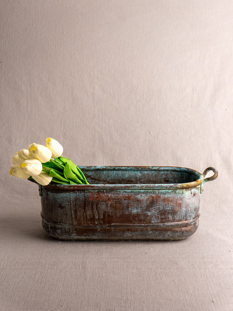 Antique French copper poissonnière jardinière with verdigris patina and tulips, neutral textured background.