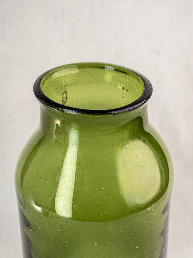 Antique French cornichon jar, late 18th century hand-blown green glass with wide opening and subtle shine.