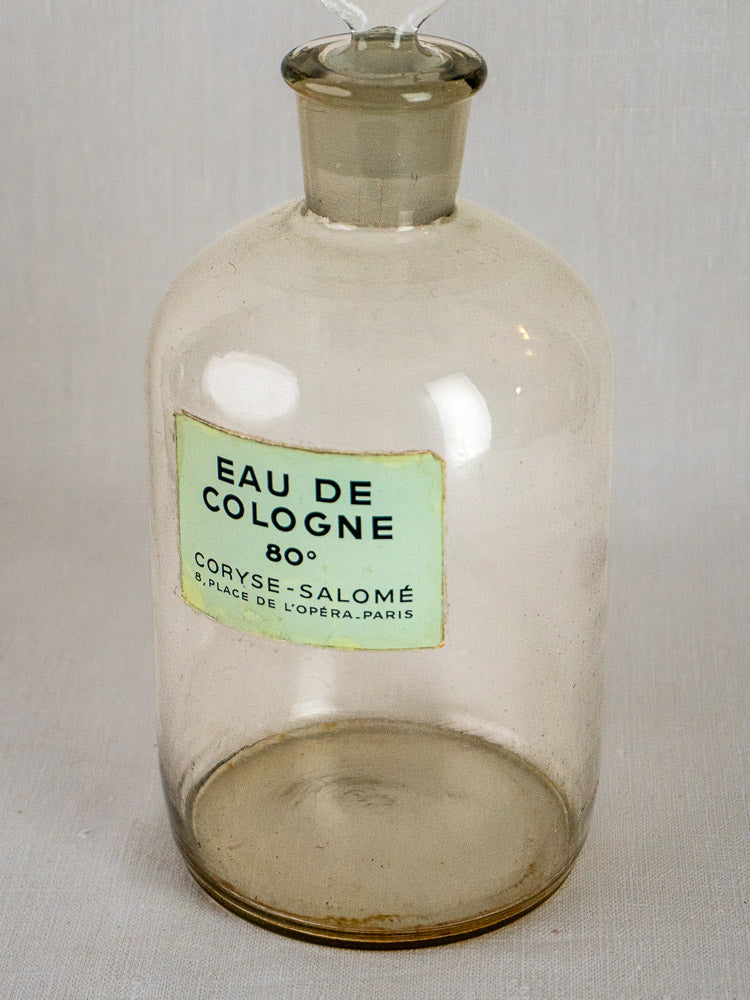 Set of five vintage Coryse-Salomé French glass perfume bottles labeled Eau de Cologne 80°, Paris.