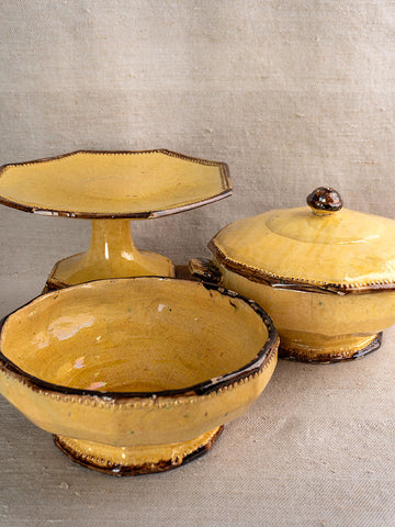 Antique Vallauris Beretta et Cie French pottery set: pedestal cake stand, lidded tureen, serving bowl in mustard glaze.