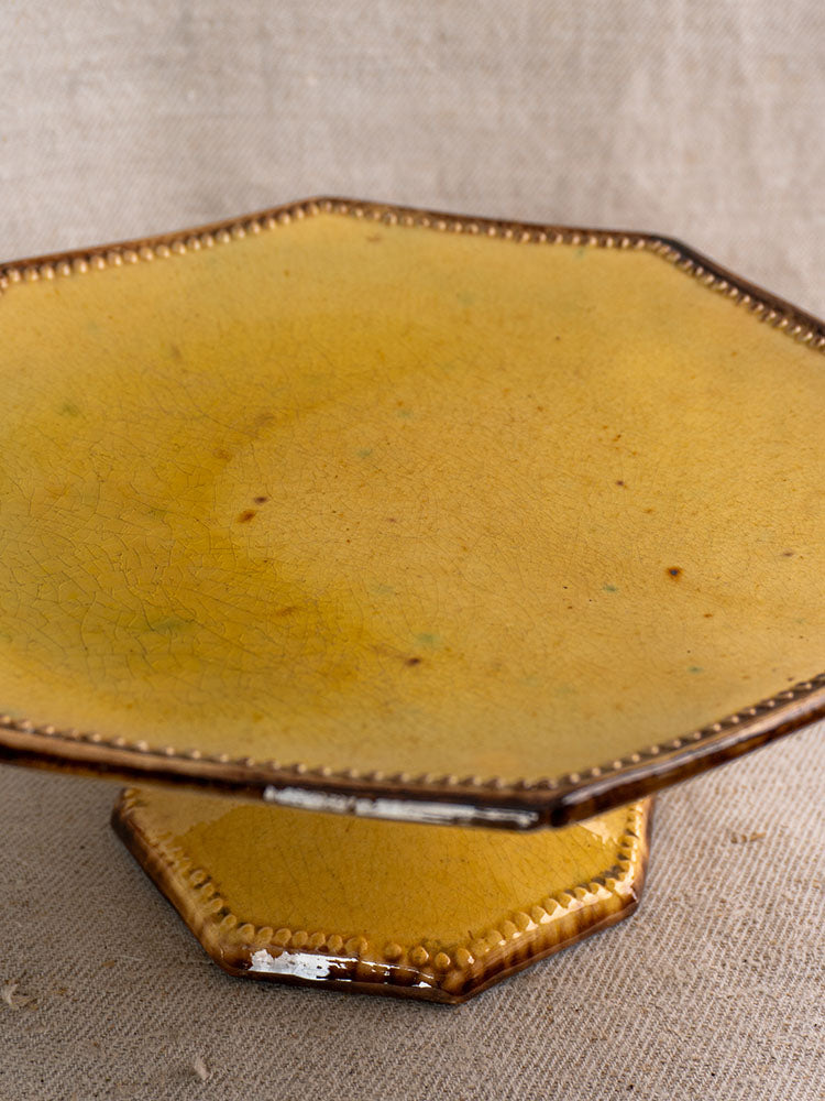 Antique French Vallauris Beretta et Cie ceramic tableware set with mustard glaze and beaded edges.