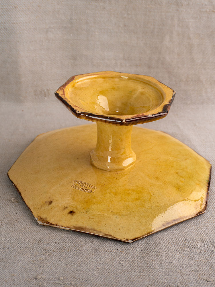Mustard-glazed octagonal ceramic stand with brown-edged rims, stamped Vallauris Beretta et Cie, French tableware set.