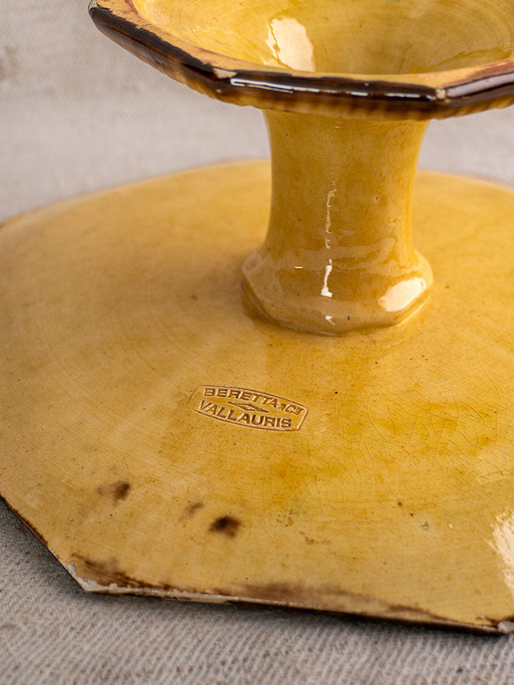 Close-up of Vallauris Beretta et Cie pottery base, mustard glaze crackle, BERETTA VALLAURIS stamp visible.