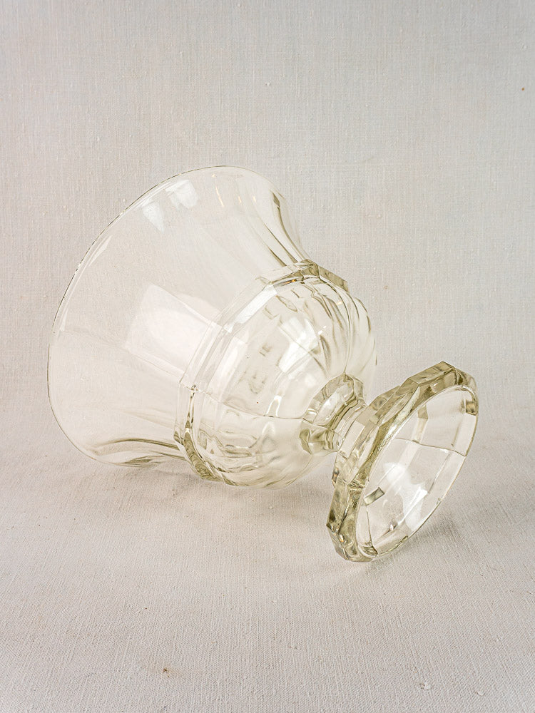 Antique French Glass Coupe Médicis Compotier with matching lid, displayed on a light textured surface.