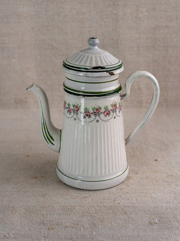 Antique French enamel coffee pot by B.B. Frères, 1910-20s, with lid, green trim, pink-green floral accents on neutral surface.