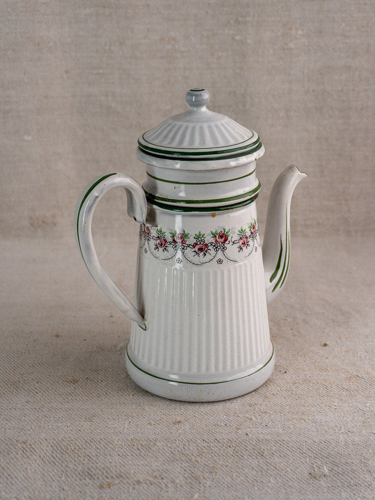 Antique French enamel coffee pot by B.B. Frères, 1910s–1920s, with lid, green stripes, floral band; neutral backdrop.