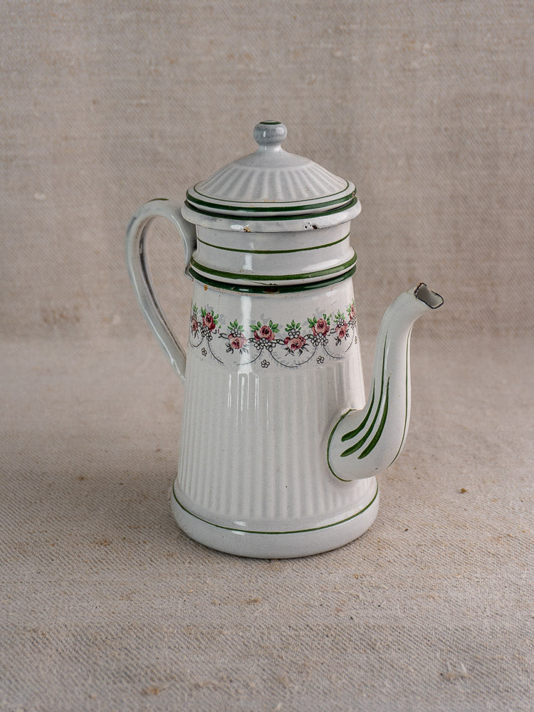 Antique French enamel coffee pot by B.B. Frères, circa 1910-20s, with green stripes and floral motif on beige textured surface.