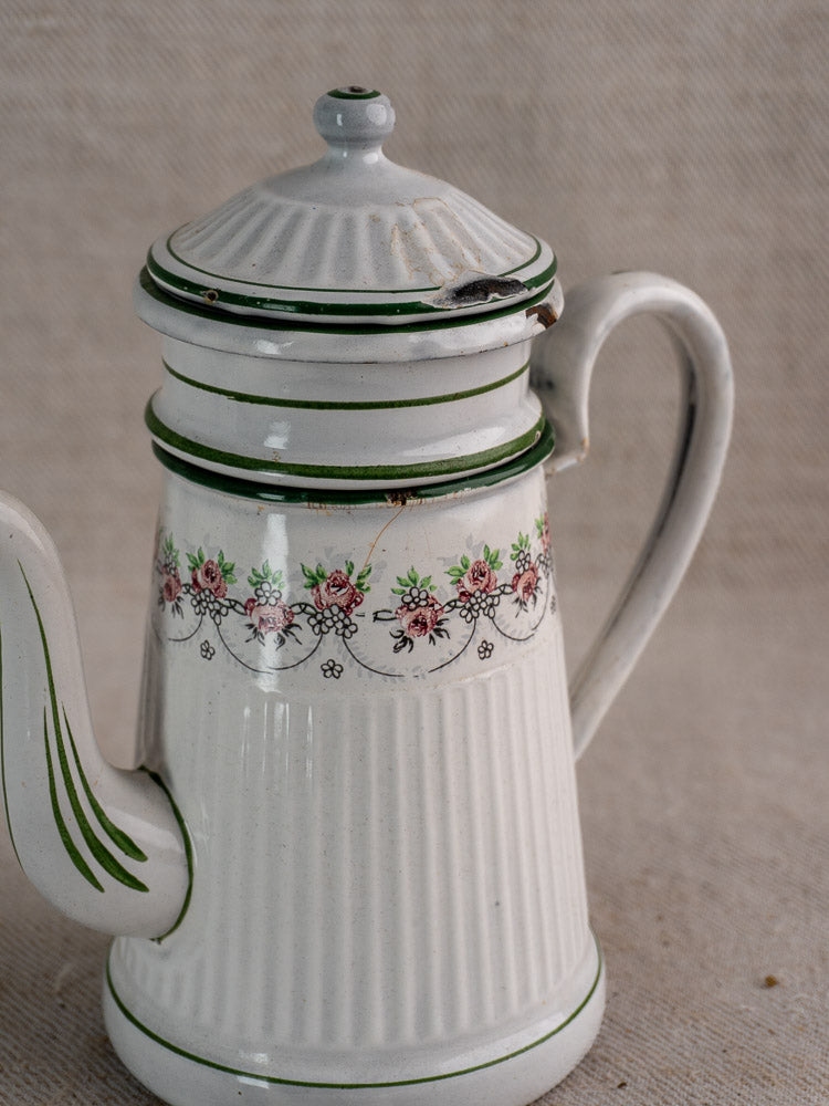 Antique French enamel coffee pot by B.B. Frères, 1910-20s, green accents, pink-red floral motif on beige textured surface.