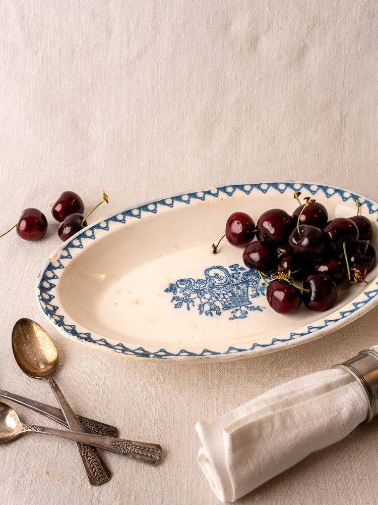 Antique French Faience Plate | Blue Flower Basket | 19th Century