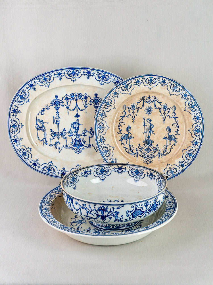 Jules Vieillard Bordeaux Moustiers antique French blue faience plates, bowl, and platter with classical motifs.