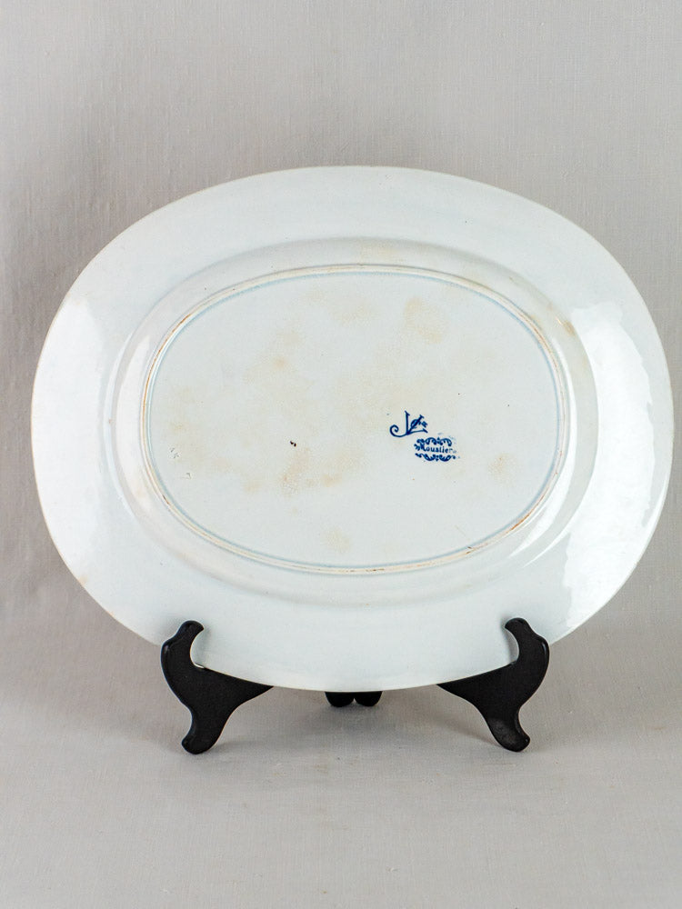 Large oval white ceramic platter, blue maker’s mark visible, Jules Vieillard Bordeaux faience.