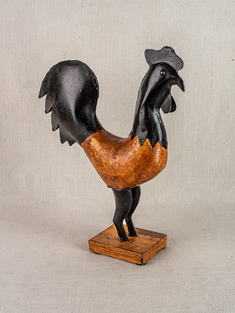 Antique French folk art wood and metal rooster, circa 1920, on wooden base.