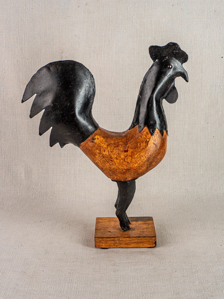 Antique French carved wood and metal rooster sculpture, circa 1920, on wooden base.