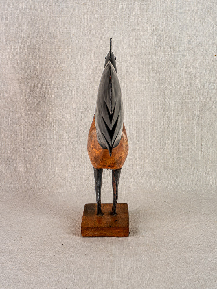 Antique French folk art rooster sculpture in carved wood and metal on wooden base, c.1920.