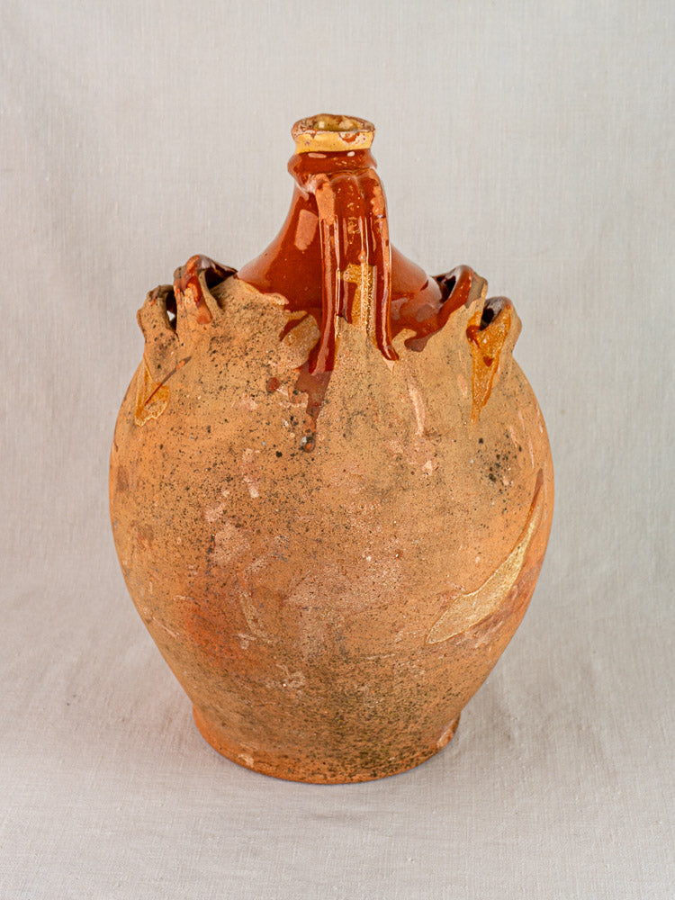 19th-century French gargoulette water jug with brown-glazed terracotta and dripped glaze detail.