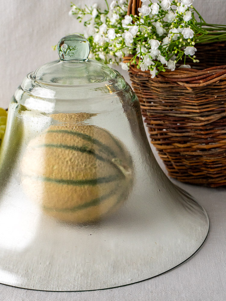 Antique French hand-blown glass cloche covering a melon beside a basket of white flowers.