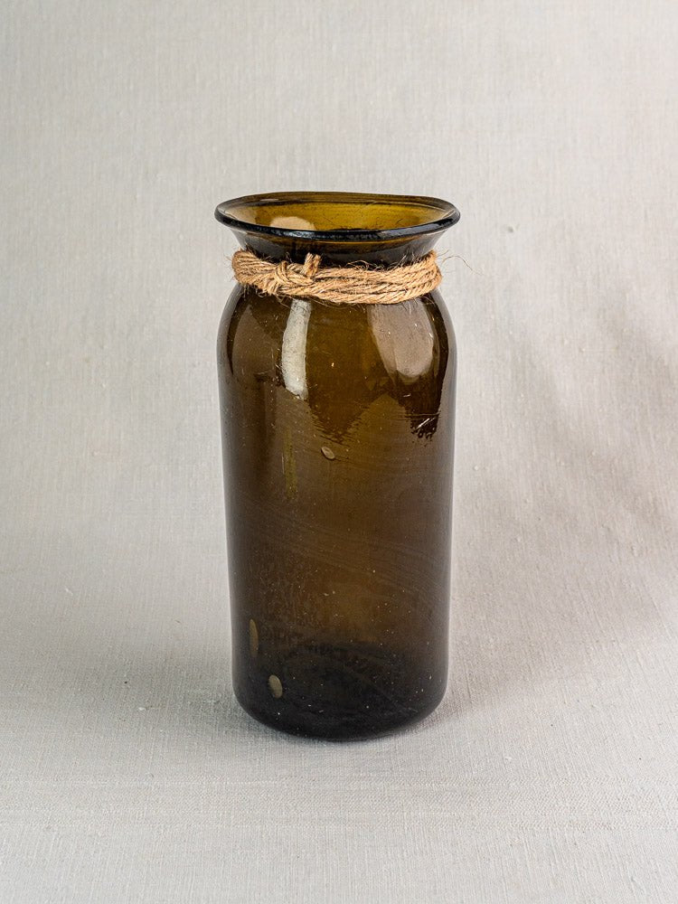 Antique French hand blown olive green glass bocal with wide mouth and string accent.