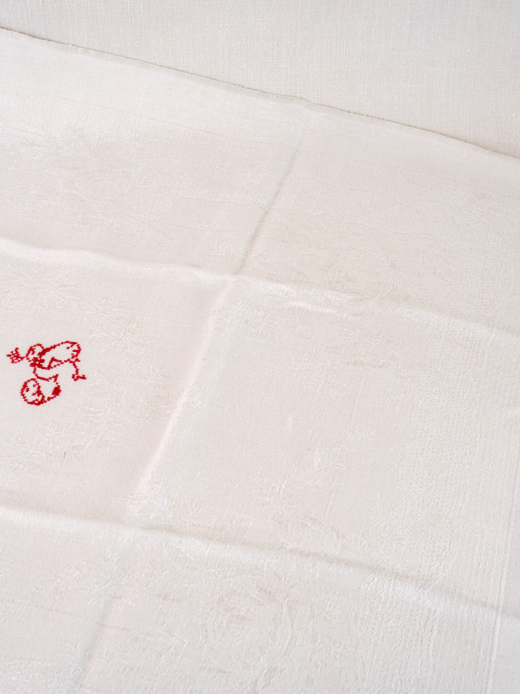 Set of 12 antique French damask linen napkins with red "P.G." monogram on white cloth.