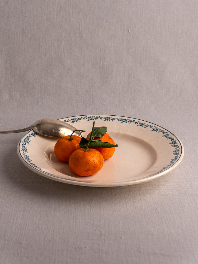 Antique French faience plate, Longwy Capucia pattern, cream base with teal floral border on black stand, gray background.