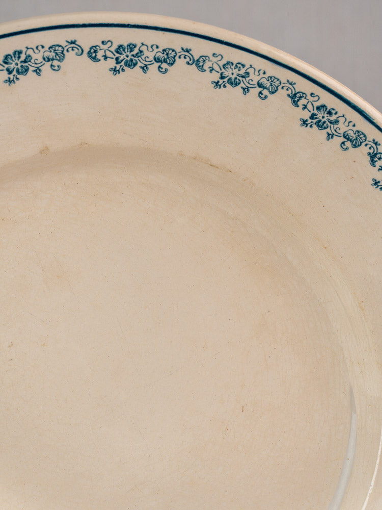 Antique French faience plate, Longwy Capucia pattern, teal floral border, slight discoloration and vintage wear visible.