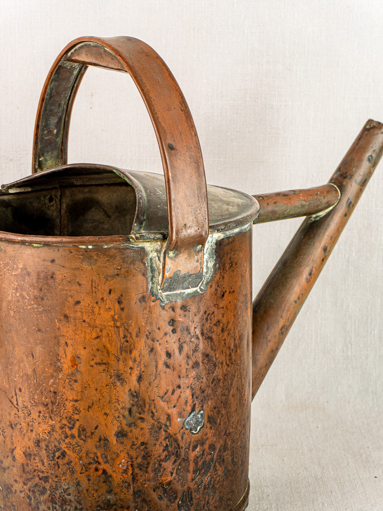 French antique copper Arrosoir watering can with hand-hammered details, tarnish, and patina.