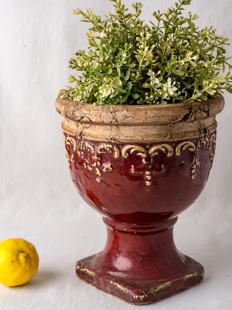 Antique oxblood French terracotta urn with crackled rim, lush plant, and lemon on pale surface.
