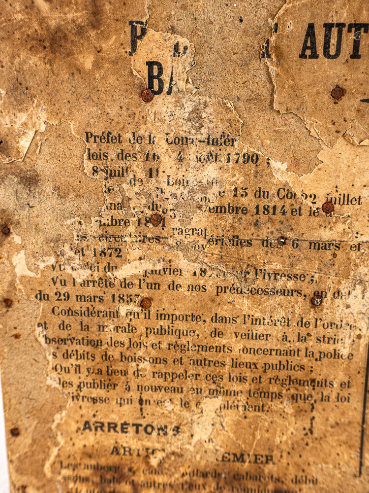 Antique French painted pine casier with aged, torn official document featuring faded text and brown stains.