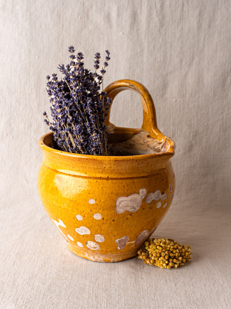 19th-century French yellow glazed terracotta pichet planter with white spots and curved handle on light textured surface.