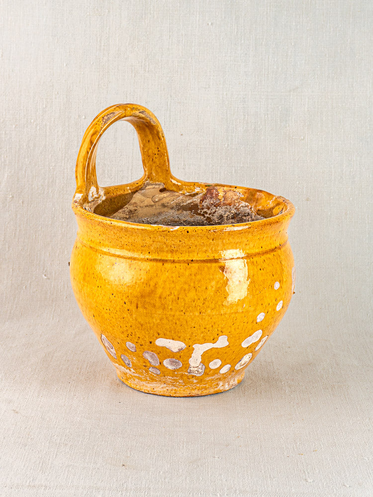 19th-century French yellow glazed terracotta pichet planter with white spots and curved handle on light textured surface.