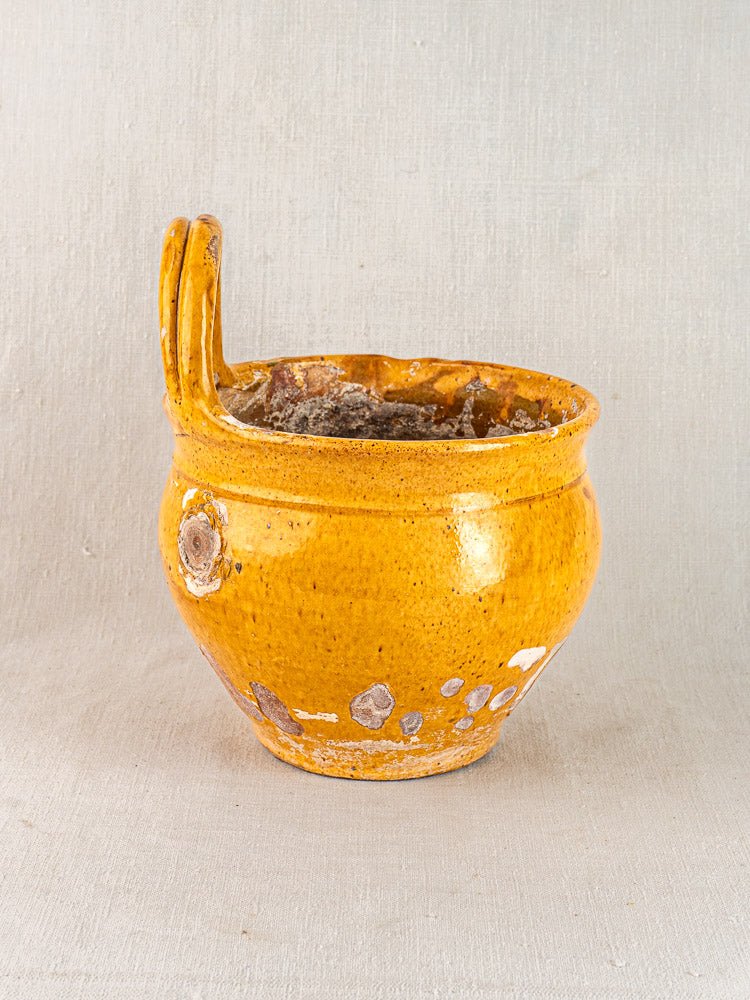 19th-century French terracotta pichet with yellow glaze, round body, and thick handle as wall planter on neutral fabric backdrop.