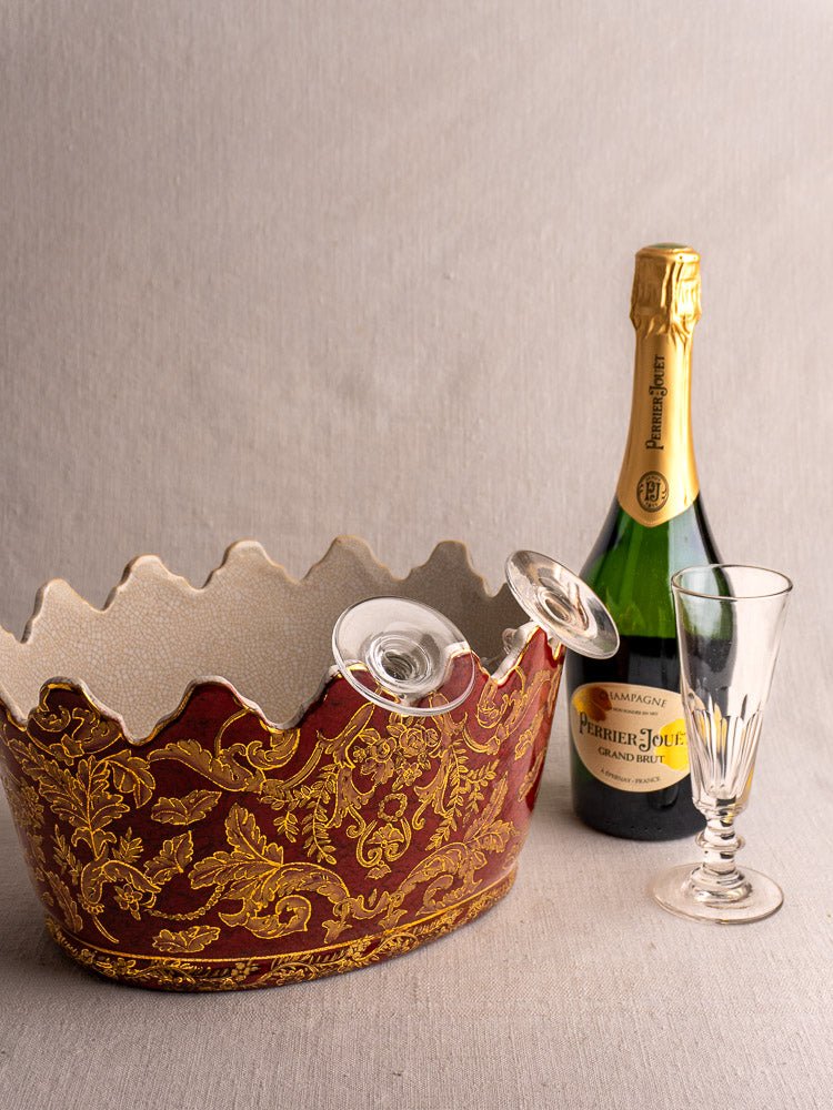 Antique French Rafraîchissoir Terre de Fer wine cooler, late 19th century, with red and gold detailing.