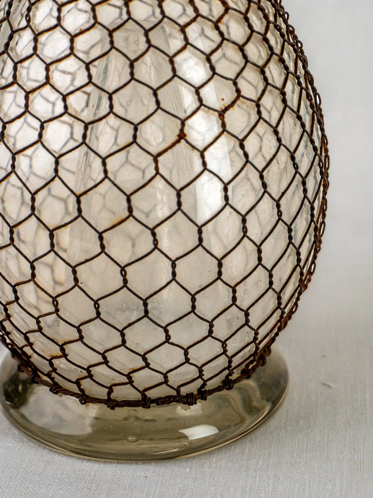 Henry Paris Seltzer Siphon, antique French clear glass vase in rusted hexagonal wire mesh.