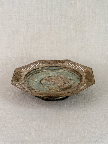 Octagonal Art Deco French silver plate tazza with decorative patterns and elegant patina on neutral background.