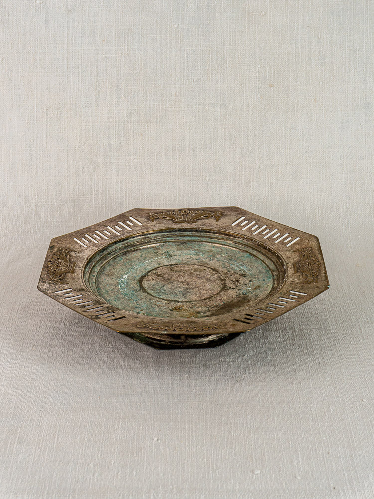 Octagonal Art Deco French silver plate tazza with decorative patterns and elegant patina on neutral background.