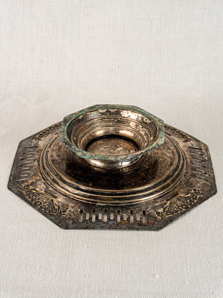 Art Deco French silver plate tazza with octagonal footed coupe, ornate engraving, and raised center.