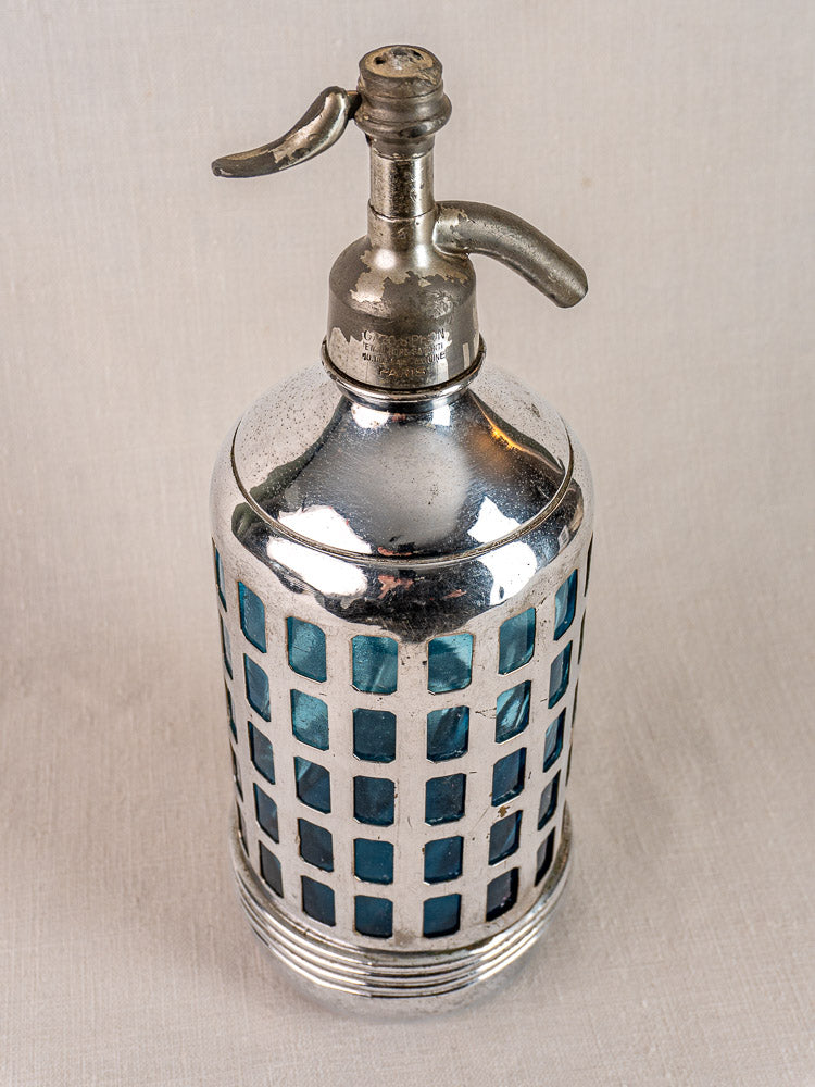 Antique French soda siphon with blue glass grid and metal spout, Paris bistro style, circa 1920–1940.