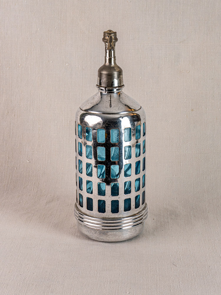 Antique French Gazo-Siphon with blue grid-patterned glass and metal nozzle, Paris bistro style circa 1920-1940.