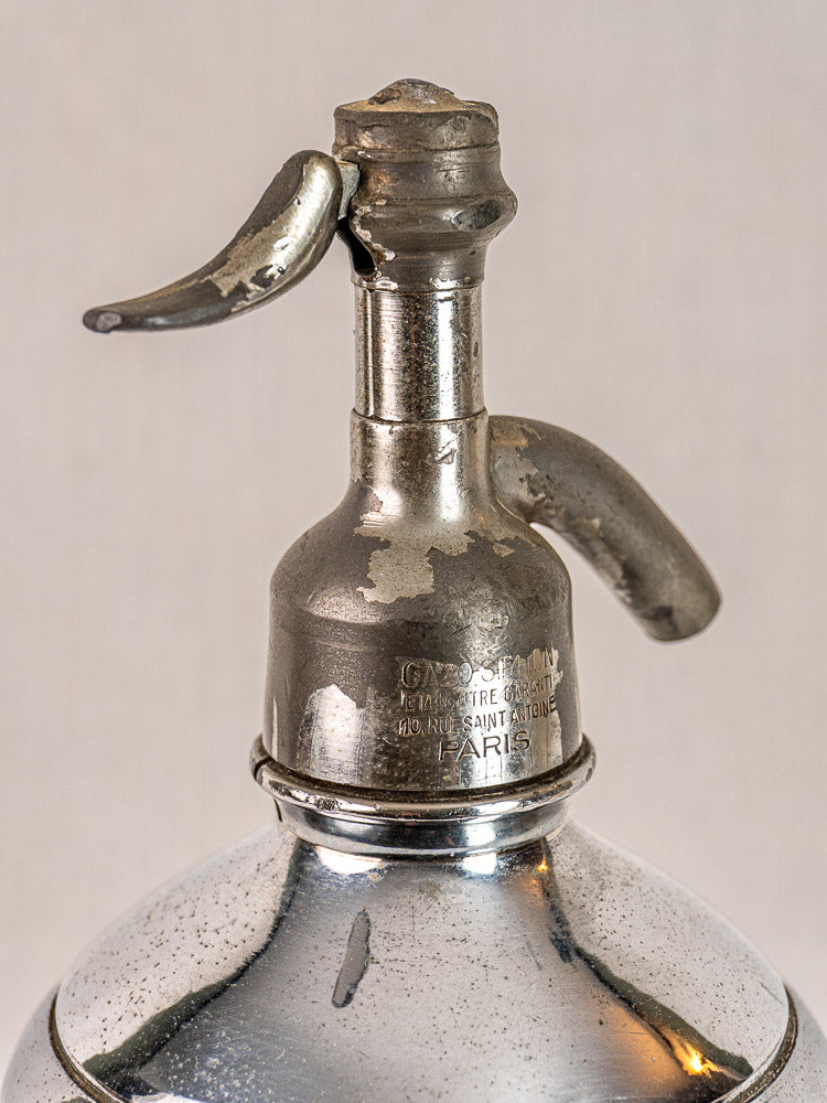 Antique French soda siphon metal top with engraved Paris text, tarnished and speckled, Paris bistro decor.