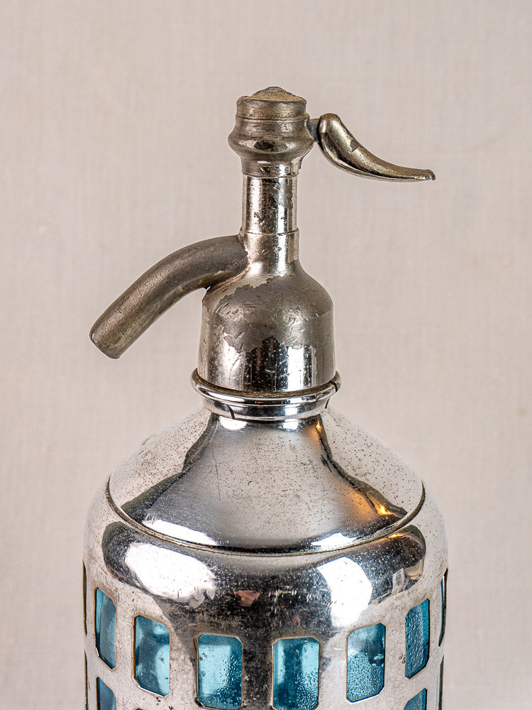 Antique French soda siphon with blue-tinted insert and metal spout, Paris bistro style, circa 1920-1940.