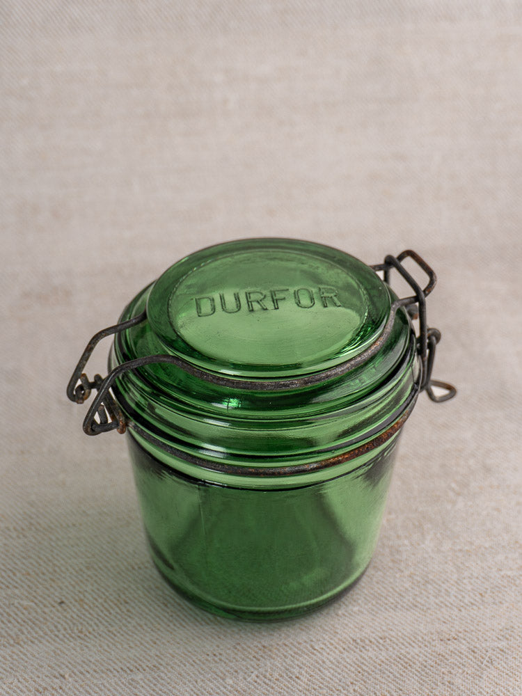 Set of 3 antique French Solidor & Durfor green glass preserve jars with metal clasps and DURFOR embossed lids.