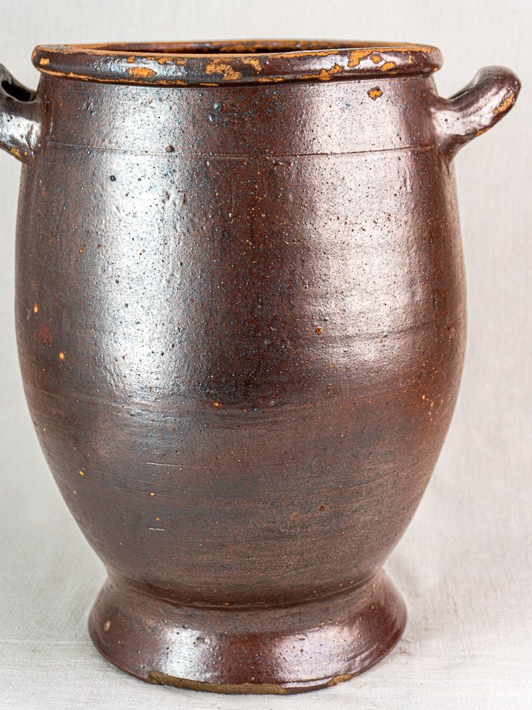 Large antique French pot à graisse in warm brown salt-glazed stoneware with side handles.