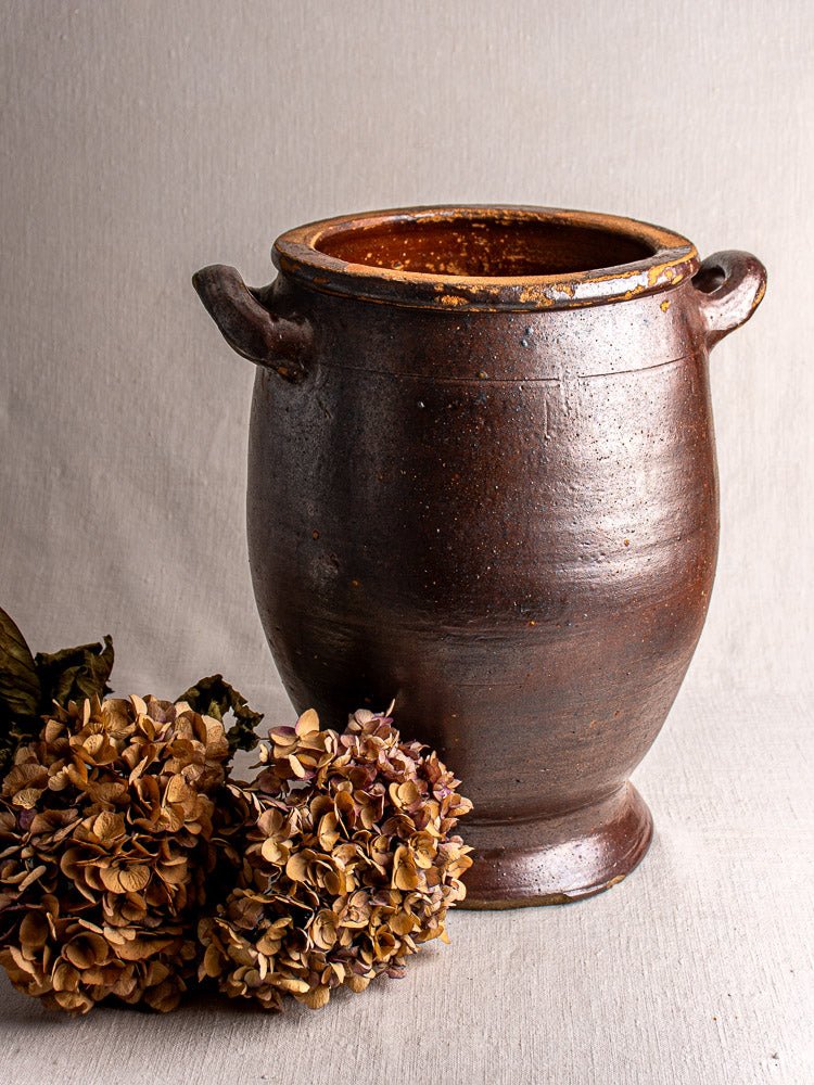 Large antique French salt-glazed stoneware pot à graisse with two handles, beside dried hydrangea blooms.