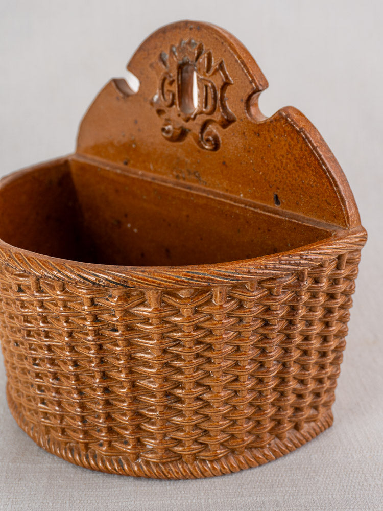 Antique French salt-glazed stoneware salt box, late 19th to early 20th century farmhouse kitchen decor.