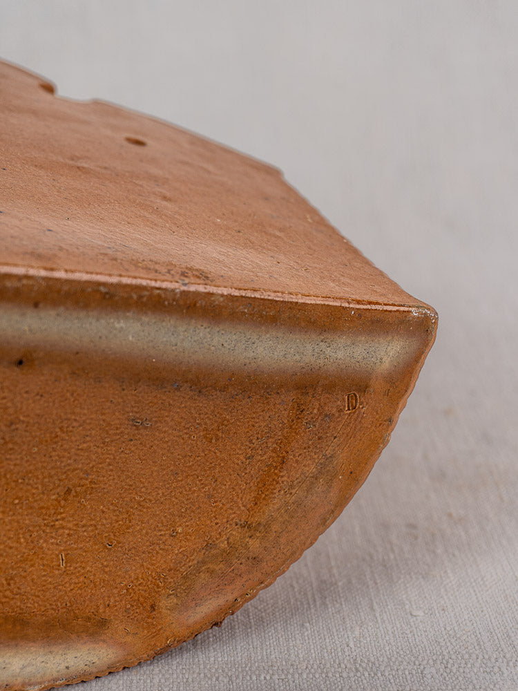 Antique French salt-glazed stoneware salt box, late 19th–early 20th century, reddish-brown matte with light stripe.