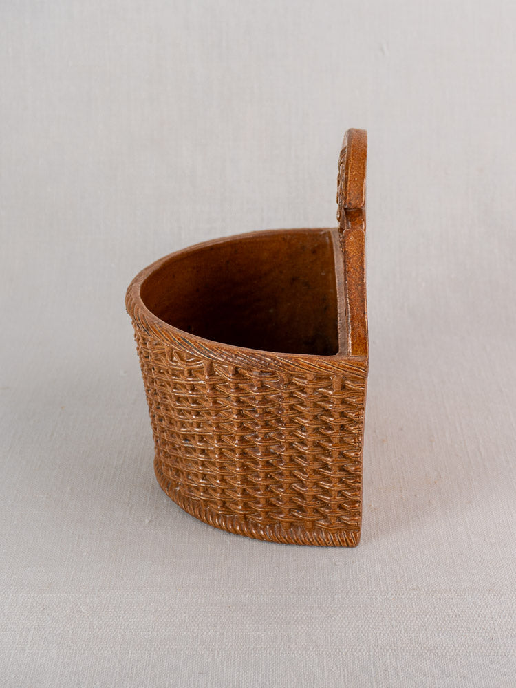 Antique French salt-glazed stoneware wall pocket salt box with flat back, ideal farmhouse kitchen décor.