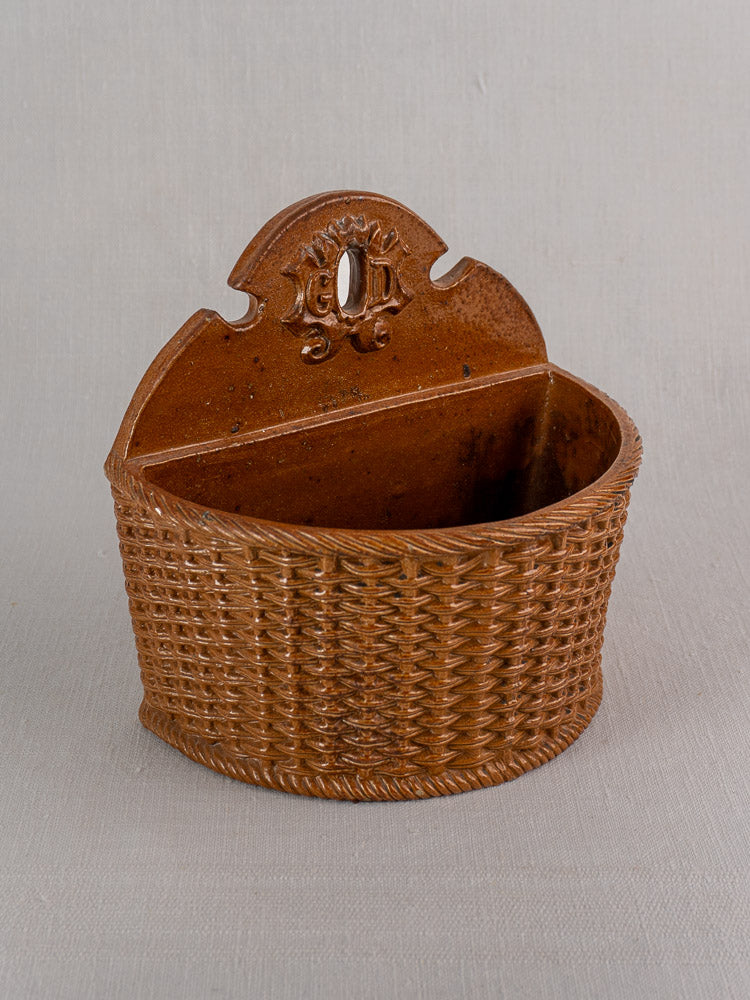 Antique French salt-glazed stoneware salt box with solid back and crest detail, perfect for farmhouse kitchen decor.