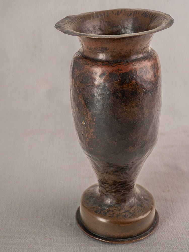 Antique French WWI trench art vase, 1917 shell casing, dark bronze patina, martelé finish.