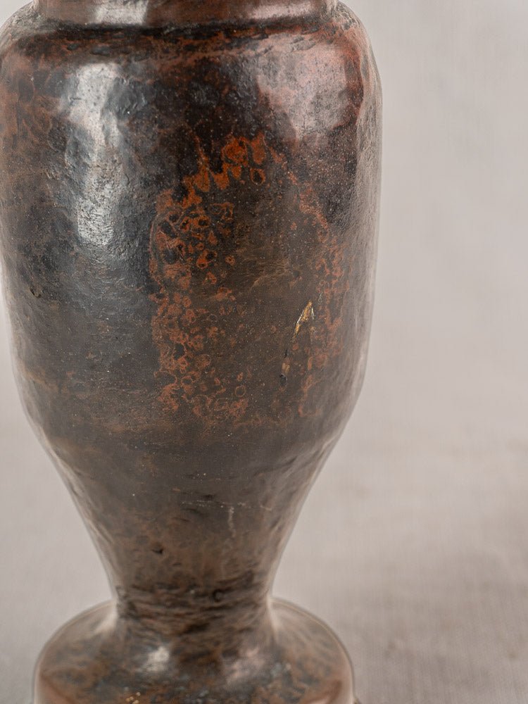 Antique French Trench Art vase, WWI shell casing, weathered brown ceramic, martelé finish.