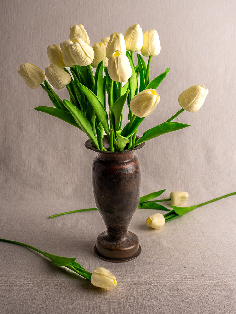 Antique French trench art vase from 1917 WWI shell casing with flared rim and martelé finish.